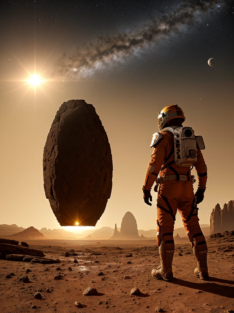 (best quality,4K,high resolution,masterpiece:1.2),Extremely detailed,Practical,photoPractical:1.37,portrait,Science Fiction,Helmet reflexes, red planet mars,Explorer Lake Reflection,Golden sunrise, Red Planet, Space suit, Dense vegetation, Distant Mountains, crimson skies, curiosity,, Unknown,Dust particles,Extraordinary journey,Metal surface,Ancient buildings,expedition,Sun Visor,Sparkling Sun Visor,Vast landscape,archeology,relics of the past,mystery,adventure,conspiracy,Magnificent views,Unexplored territory,explore,Uncovering Secrets,Cosmic miracles, small size sun, habitating mars,