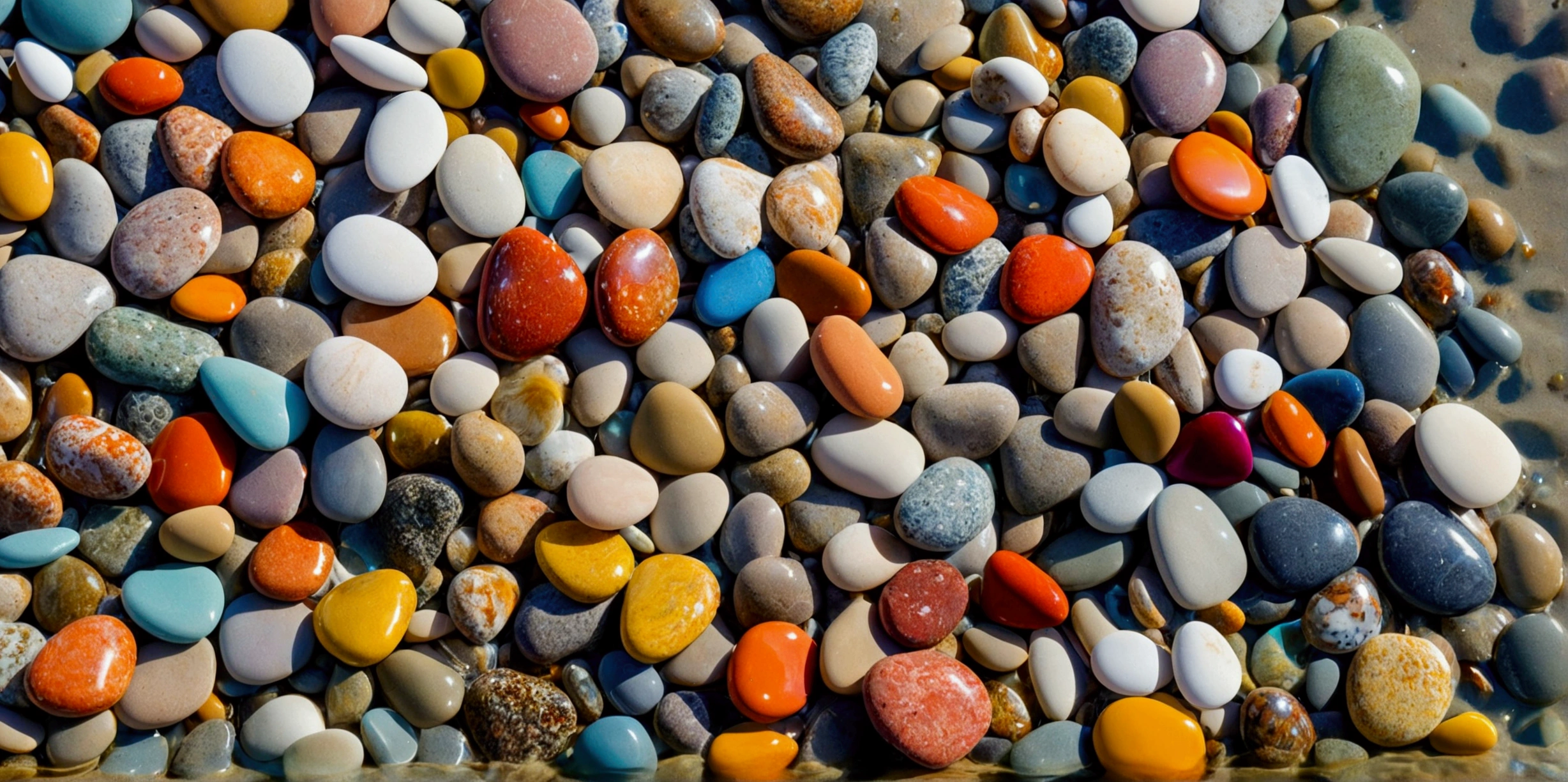 Image of shiny colorful beach pebbles on clear sea water that is beautiful and warm and natural for background or wallpaper