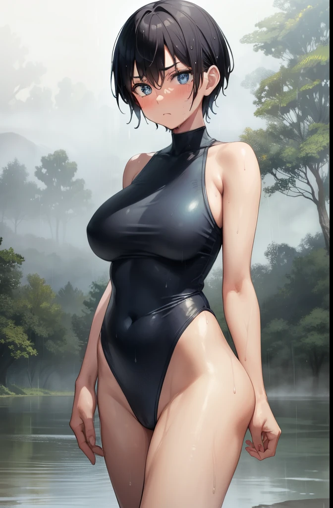 forest,rain,soil,fog,cloudy,Girl 1,boyish,short hair,Black Hair,blue eyes,Blue leotard,Super High Leg Cut,barefoot,blush,barefoot,Serious face,Embarrassing,Wet,Big Breasts,Are standing,Cowboy shot with hands behind back,Sweaty,front,Swim in the river,