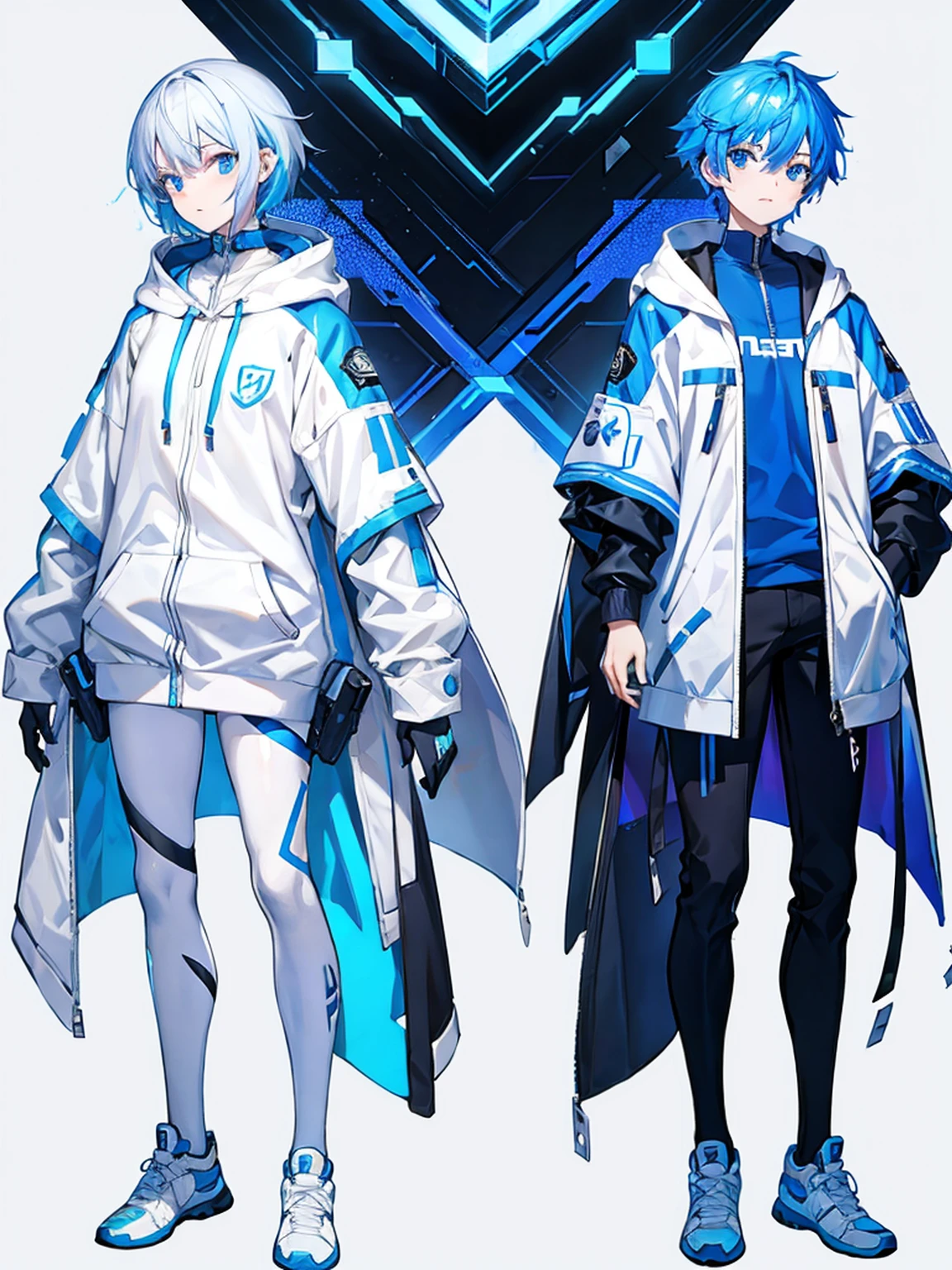 White zip hoodie、male、whole body、Front opening hoodie、Concept Art、Blue Hair、White background、Clothes with detailed descriptions