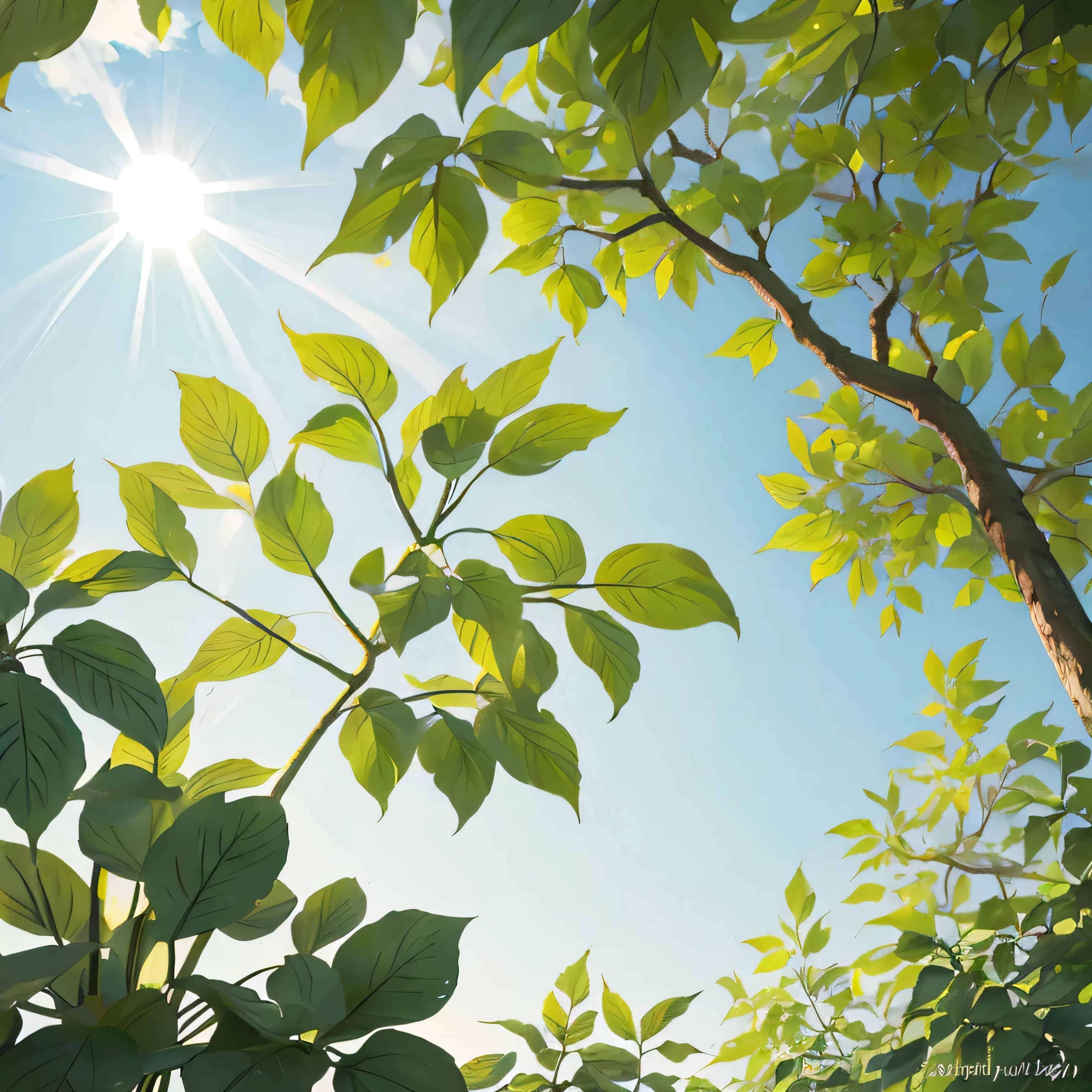 sunray through green leaves，bluish color