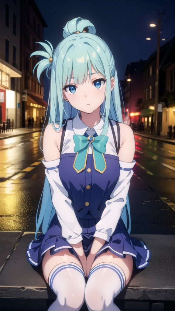 BREAK looking at viewer, BREAK (masterpiece:1.2), best quality, high resolution, unity 8k wallpaper, (illustration:0.8), (beautiful detailed eyes:1.6), extremely detailed face, perfect lighting, extremely detailed CG, (perfect hands, perfect anatomy),outdoor,city,in street,wet road,rain,reflections on road,night,aqua, long hair, blue eyes, hair ornament, very long hair, blue hair, hair rings, single hair ring, hair bobbles,
skirt, shirt,wet shirt, thighhighs, bare shoulders, detached sleeves, white thighhighs, blue skirt, blue shirt, green bow,sitting on road,spread legs, panties,