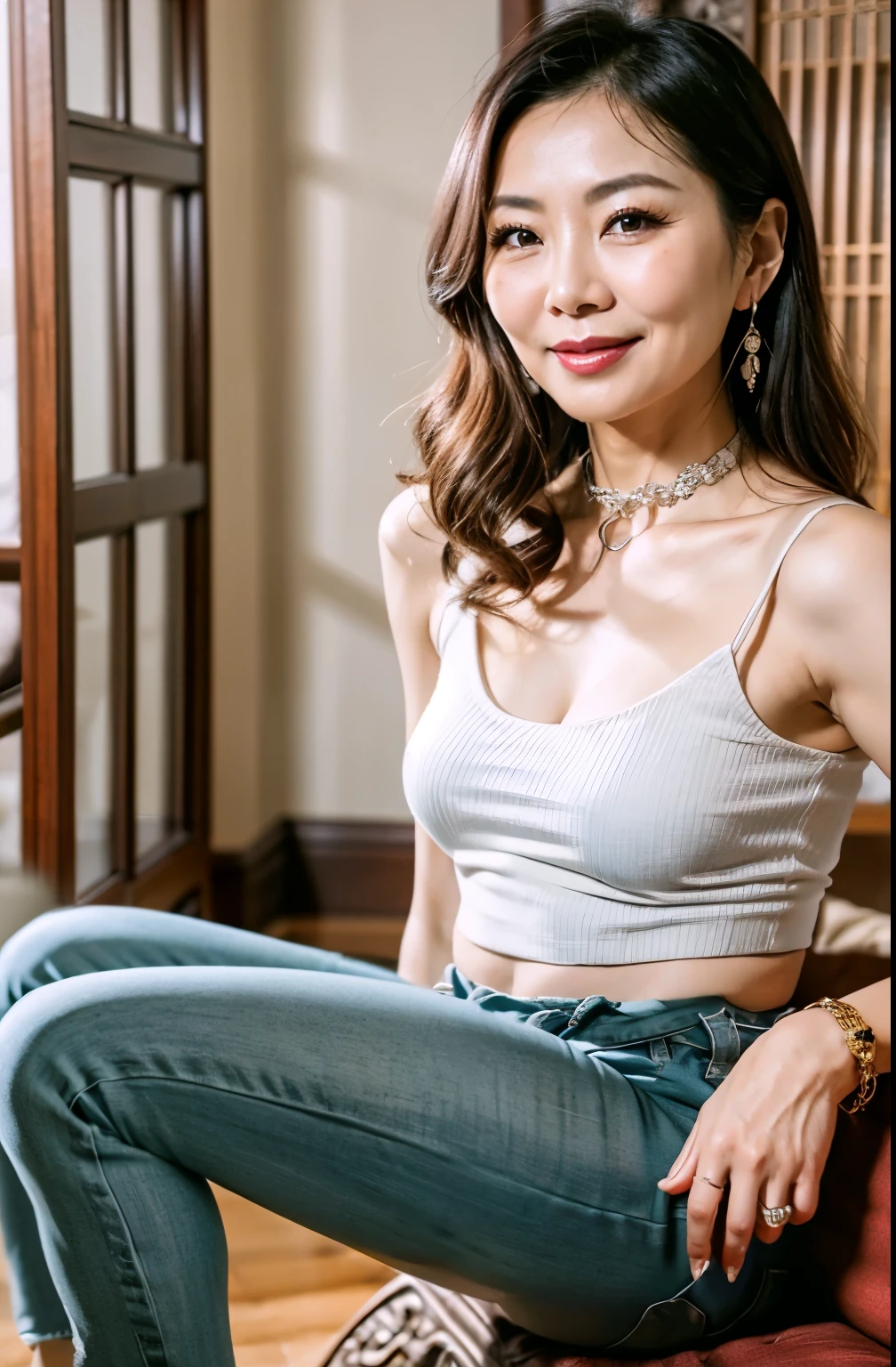 75 years old　Mom　MILF　Chinese Lady　large earring　Big choker　navel piercing decoration　A bracelet　Silver Hair　realisitic　Gorgeous Madame Beautiful Mature Woman　sexy　Smile　Gentle woman navel piercing　４K　High quality デニム