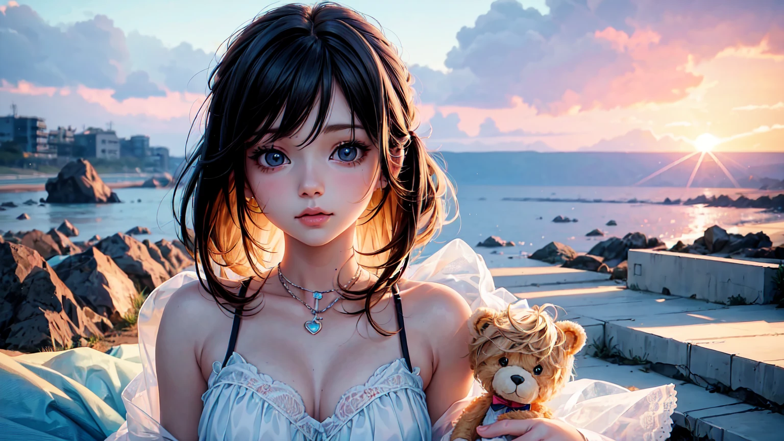 There is a woman holding a teddy bear on the beach, Cute realistic portrait, Cute Anime Girl, Cute girl anime visuals, Smooth anime CG art, Gweiz-style artwork, portrait of Cute Anime Girl, cute portrait, Beautiful anime portraits, Beautiful Anime Girls, Cute Anime Girl portrait, Realistic Anime 3D Style