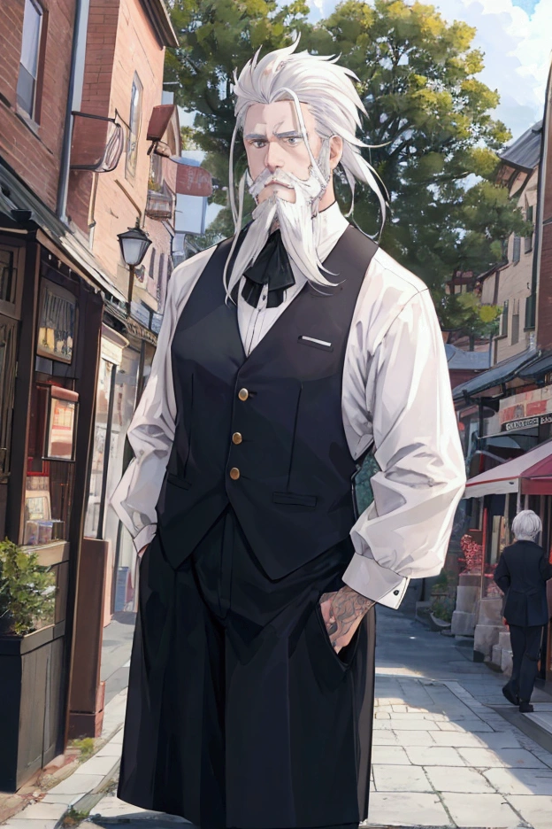middle-aged white-haired man、Dressed as an adventurer、Short Beard、Center Parting、Town Square、A scene informing many residents of the danger、