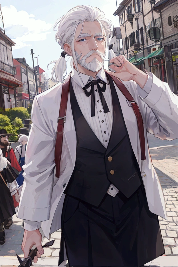 middle-aged white-haired man、Dressed as an adventurer、Short Beard、Center Parting、Town Square、A scene informing many residents of the danger、