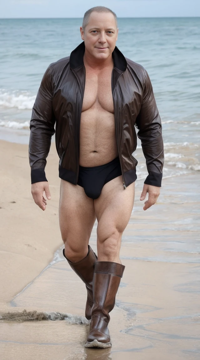 Uncle James Spader (Raymond Reddington Face), male people, He was about 64 years old, Height of Europeans, Rough and handsome looks, musculature, ((bodybuilder)), Oversized pectoral muscleare, Chest hair, ((naked not wearing any clothes)), Next to the sea, ((red underwear)), (((lora:boots03:1 ))),((( wearing boots are fitted to the shape legs))), ((brown-gloss boots)), smile, (musculous:1.5), (Obese:1.5), (Gray hair:1.5 ), (Gray body hair:1.5), (Skin Wrinkles:1.5), (gloss on the skin:0.5), natural light, ((FULL-body )), Best quality, Masterpiece, retina ,(((rainy day))), ((walking on the beach)),(((no wearing any clothes)))