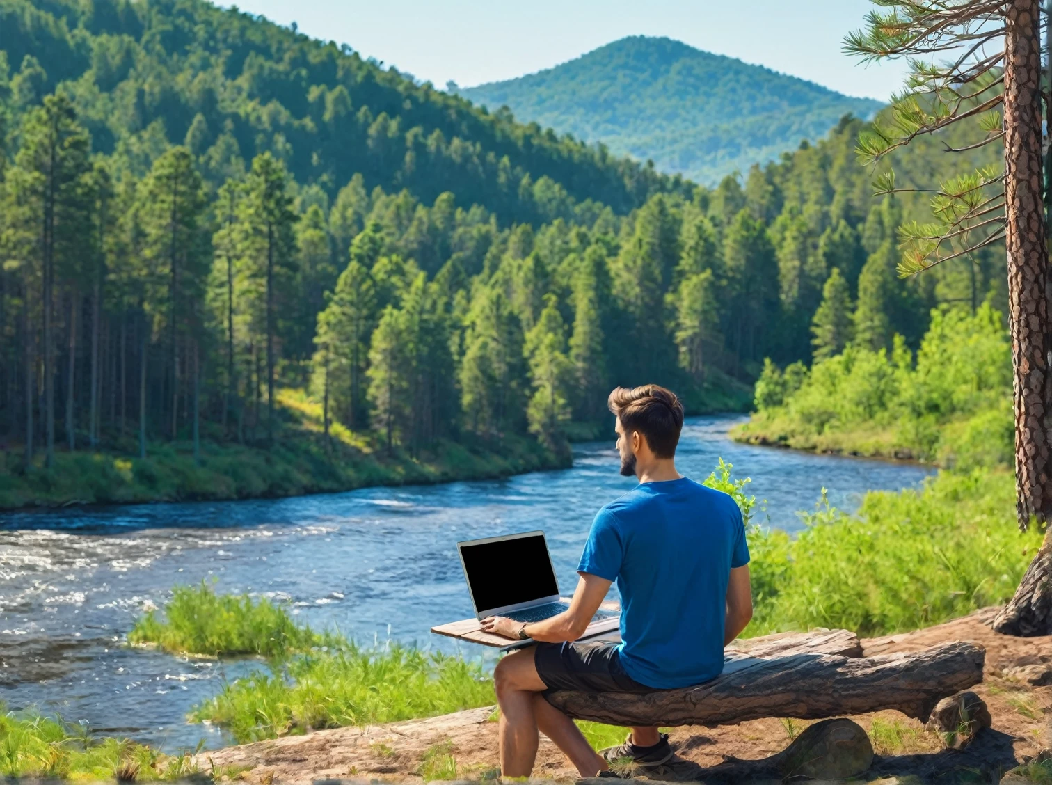 a young man working on a laptop in a nature landscape, pine forest, river, remote work, summer, vector illustration, minimalistic art, blue t-shirt