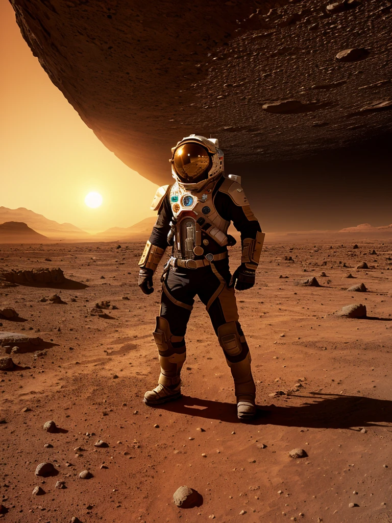 (best quality,4K,high resolution,masterpiece:1.2),Extremely detailed,Practical,photoPractical:1.37,portrait,Science Fiction,Helmet reflexes, red planet mars,Explorer Lake Reflection,Golden sunrise, Red Planet, Space suit, Dense vegetation, Distant Mountains, crimson skies, curiosity,, Unknown,Dust particles,Extraordinary journey,Metal surface,Ancient buildings,expedition,Sun Visor,Sparkling Sun Visor,Vast landscape,archeology,relics of the past,mystery,adventure,conspiracy,Magnificent views,Unexplored territory,explore,Uncovering Secrets,Cosmic miracles, small size sun, habitating mars,