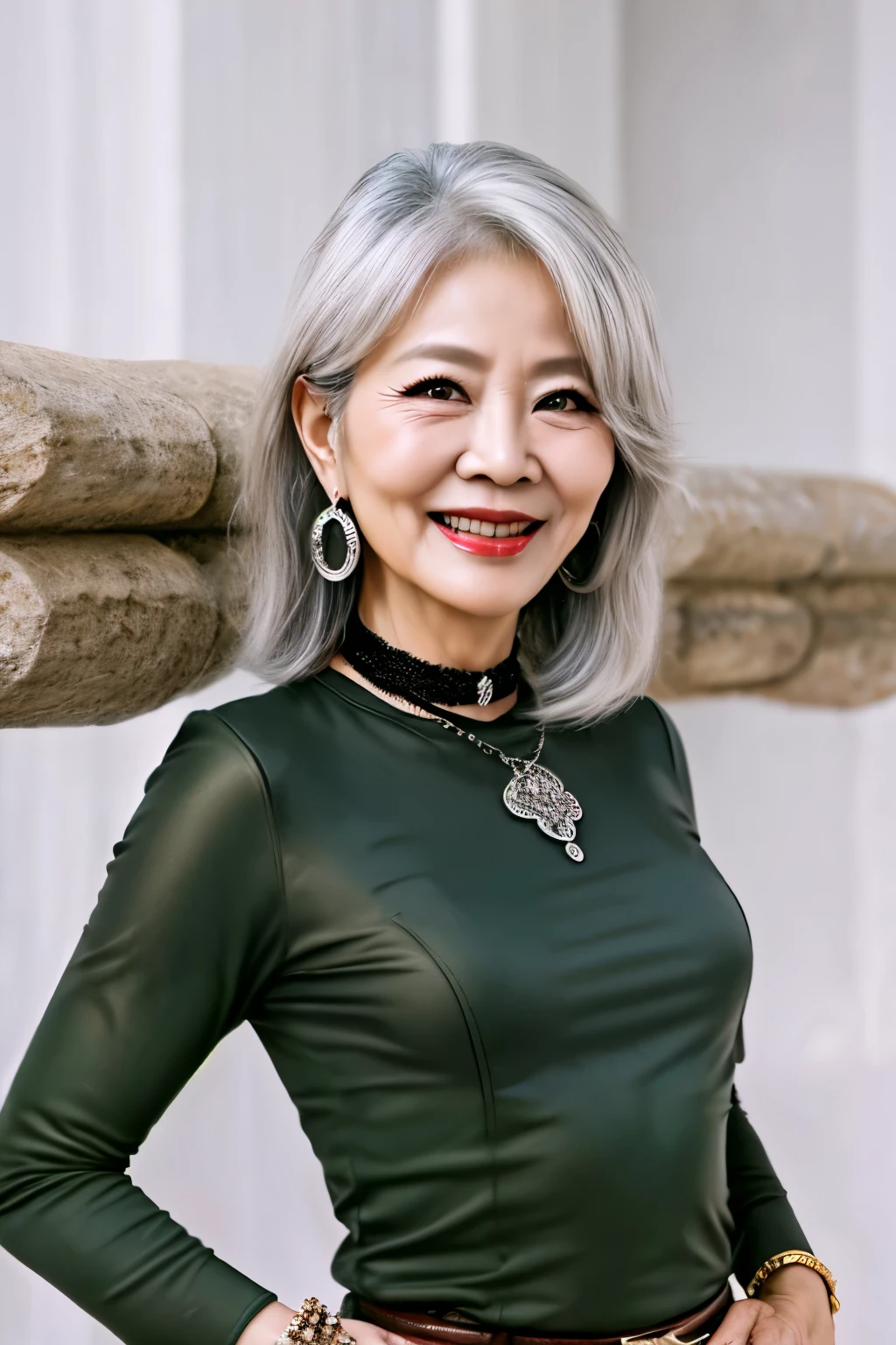 75 years old　mom　milf　Korean, Lady　large earring　Big choker　navel piercing decoration　A bracelet　Silver Hair　realisitic　Gorgeous Madame Beautiful Mature Woman　sexly　Smile　Gentle woman navel piercing　４K　High quality gorgeous madam beautiful mature woman　belt