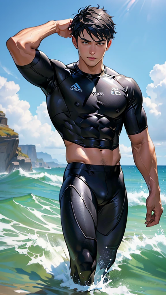 ((masterpiece, best quality, extremely detailed, highres, 8k, detailed face)), male４People surfers、Depiction of the whole body、Black short hair、university student