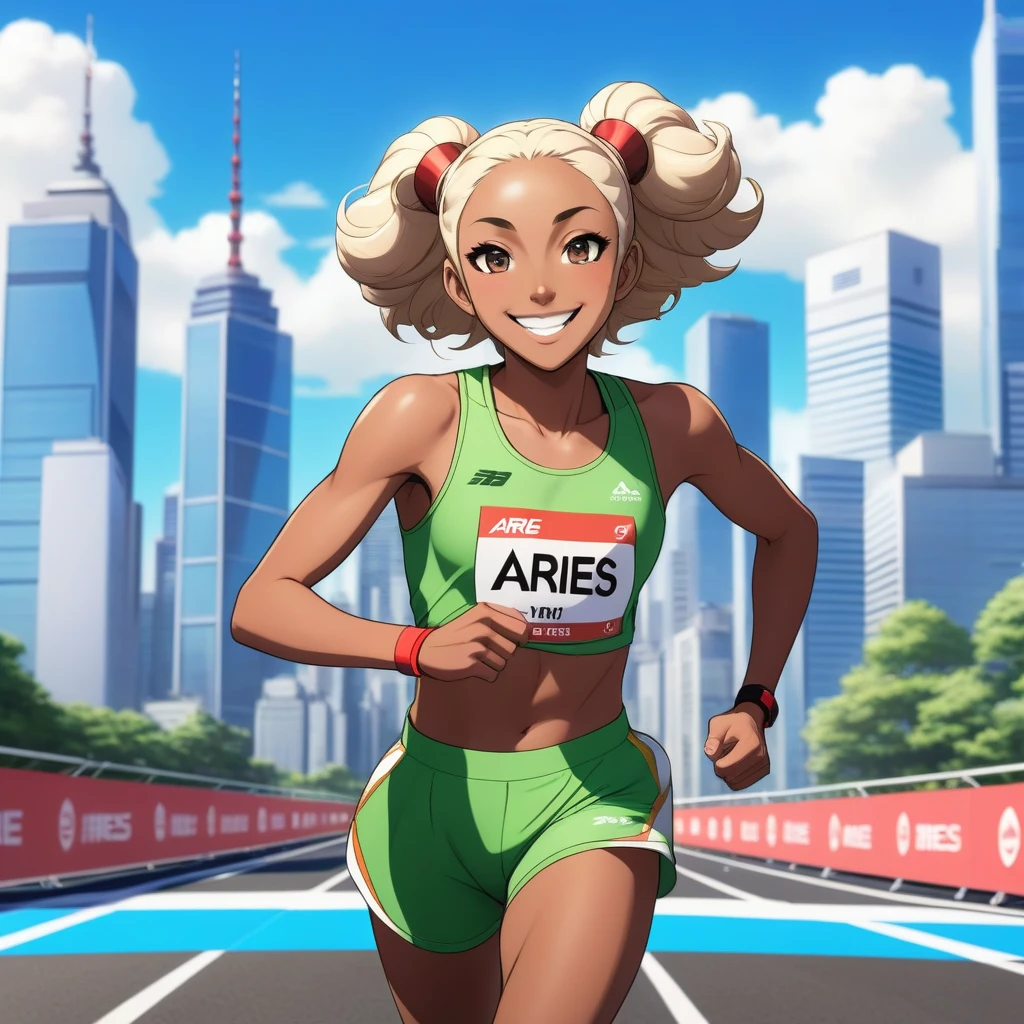 Determined but smiling anime Aries athlete crossing a finish line, with a modern city skyline in the background