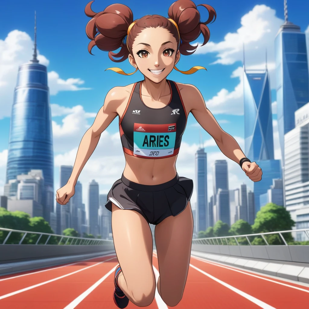 Determined but smiling anime Aries athlete crossing a finish line, with a modern city skyline in the background