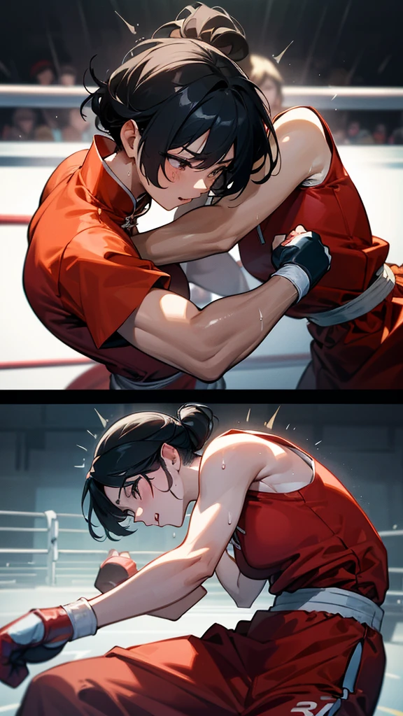 Boxing action Two women in Chinese dresses are boxing in the ring. The woman on the right hits the woman on the left in the cheek.. The woman on the left has her right eye closed, opening her mouth, and sweat.