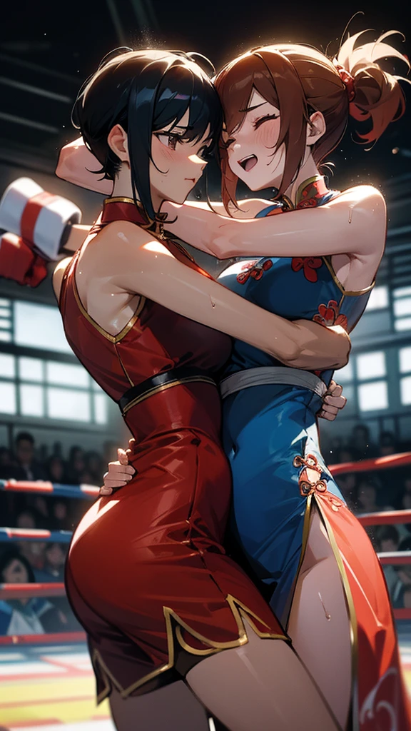 Boxing action Two women in Chinese dresses are boxing in the ring. The woman on the right hits the woman on the left in the cheek.. The woman on the left has her right eye closed, opening her mouth, and sweat.