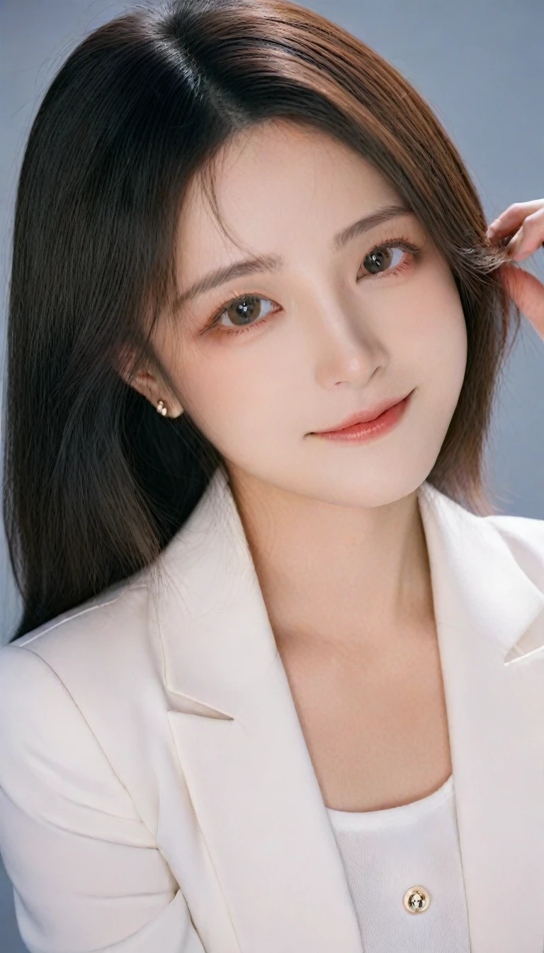 8k, Ultra-high resolution, Highest quality, masterpiece, 三分割法によるphotograph,Surreal, photograph, 1 girl, (16 years old:1.3), pretty girl, Cute Face, Beautiful eyes in every detail, 細かくdetailedに,masterpiece,One Girl:1.2, Japan Female Announcer,Tabletop,Glare,Black Hair,Slicked back hair,Blazer Uniform,White collared blouse,The chest buttons are open,Sharp focus、Perfect dynamic composition、Beautiful and detailed、Thin Hair、Realistic skin texture with attention to detail、smile、Close-up portrait、Model body type,Looking at the audience、beauty,Long neck、(((Ideal body type))),A-cup small breasts :2,、Portraiture:2、Perfect Anatomy、なdetailed、detailed、Surreal、Light and shadow,Strong light