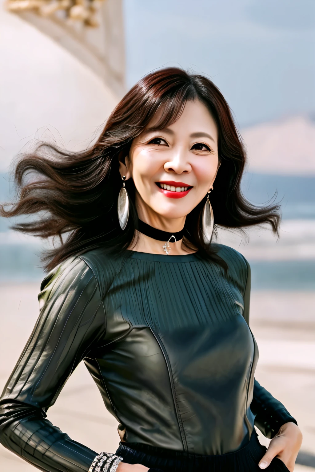 75 years old　mom　milf　Korean, Lady　large earring　Big choker　navel piercing decoration　A bracelet　Silver Hair　realisitic　Gorgeous Madame Beautiful Mature Woman　sexly　Smile　Gentle woman navel piercing　４K　High quality gorgeous madam beautiful mature woman