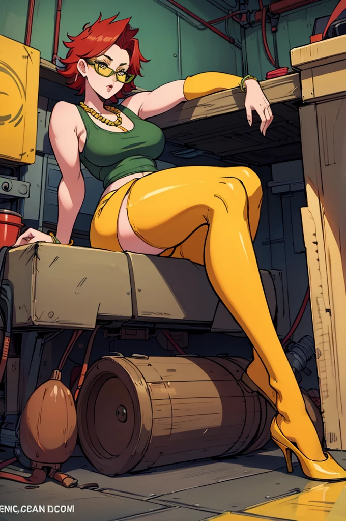 Janin, hot sexy female with short red hair and green glasses, yellow bead necklace, yellow tank top, yellow stockings, thick legs, big tits