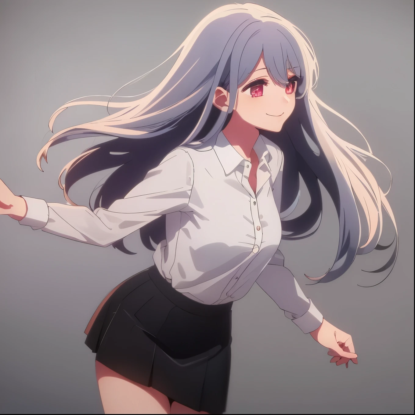 ((masterpiece, best quality)), (1girl), (solo), (female focus), (bright white hair, long hair), (red eyes), light smile, closed mouth, ((white shirt), (oned shirt), ((black skirt), (short skirt)), bust-up, white background, dynamic angle, 25 year old woman