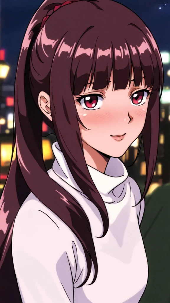 white turtleneck, black pencil shirt,black short skirt, belt,hair ornament, hair scrunchie,low ponytail, long hair, bangs, brunette, black hair, blunt bangs, big red eyes, alone, 1 girl, Young female, 18 years old, sexy gal, very cute, smile, Beautiful Finger,Beautiful long legs,Beautiful body,Beautiful Nose,Beautiful character design, perfect eyes, perfect face,expressive eyes, looking at viewer, in the center of the image,(light smile:0.5), official art, outdoor, portrait, perfect lighting,Colorful, Bright_Front_face_Lighting,shiny skin, (masterpiece:1.0),(best quality:1.0), ultra high res,4K,ultra-detailed, photography, 8K, HDR, highres, absurdres:1.2, Kodak portra 400, film grain, blurry background, bokeh:1.2, lens flare, (vibrant_color:1.2), (beautiful face), (slim body, curvy body), (ashamed, blushing), glossy lip rouge, glossy crimson rouge, (jealousy), SFW, seductive, charming,(attractive,enchanting,fascinating,captivating,bewitching,enthralling,entrancing,attractive,gripping,engrossing),airport,night,fullmoon,bluemoon,(flush, blush, flushing, suffusion),(perplexity; aporioneurosis; quandary; bewilderment; embarrassment),dallying,