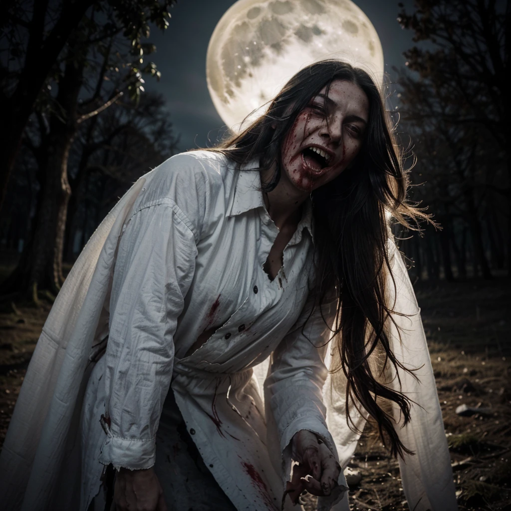 This picture depicts a figure with long, flowing hair, a bloody mouth, and sharp, long fangs. They wear tattered, white clothes with a large hole in the middle. The background is outdoors at dusk, with a full moon casting eerie light, creating a spooky, haunted atmosphere. The scene is realistic and