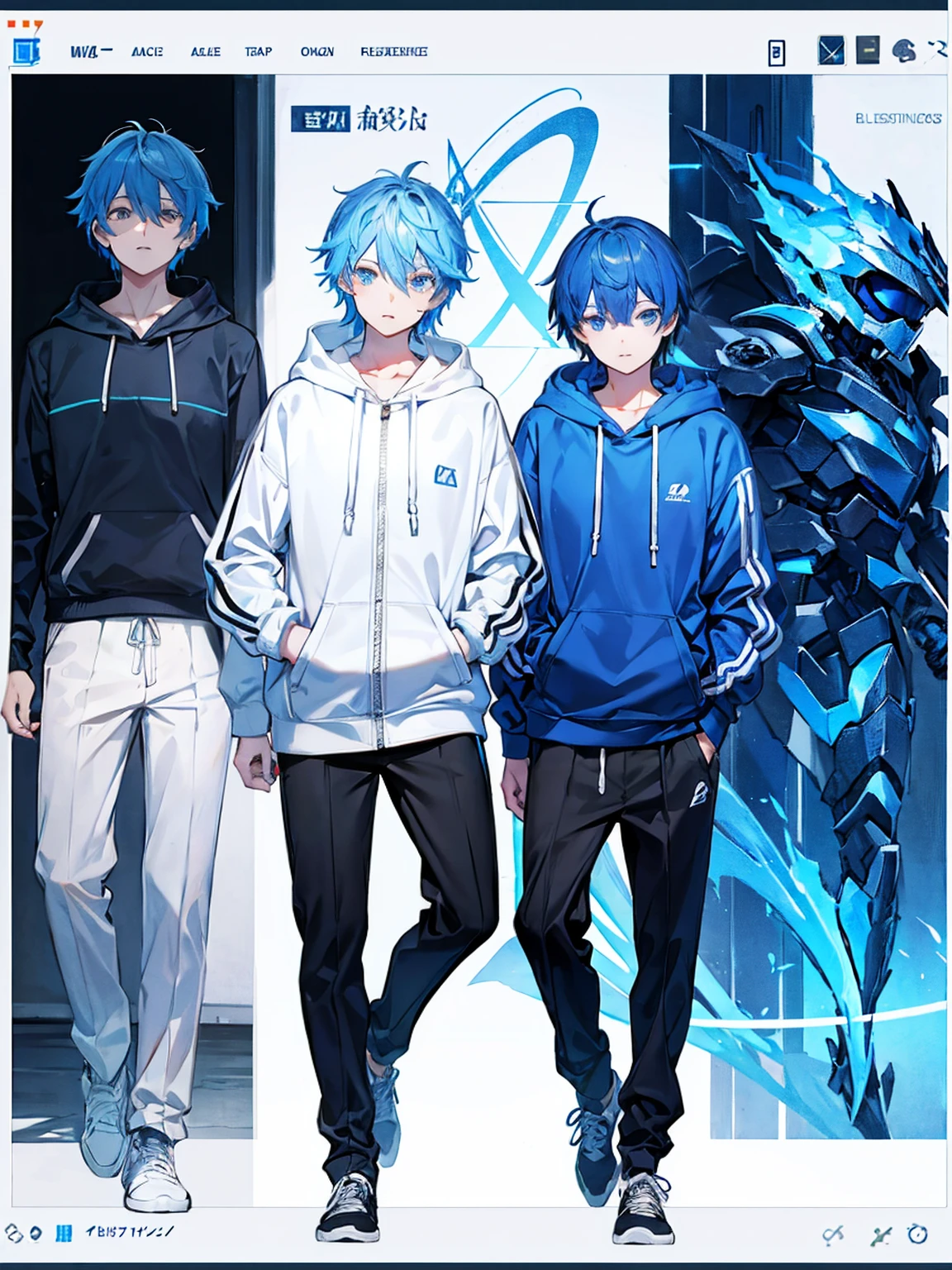 male、solo、Black trousers、Blue and white hoodie、White zip hoodie、male性、whole body、Front opening hoodie、Concept Art、Blue Hair、Background is white