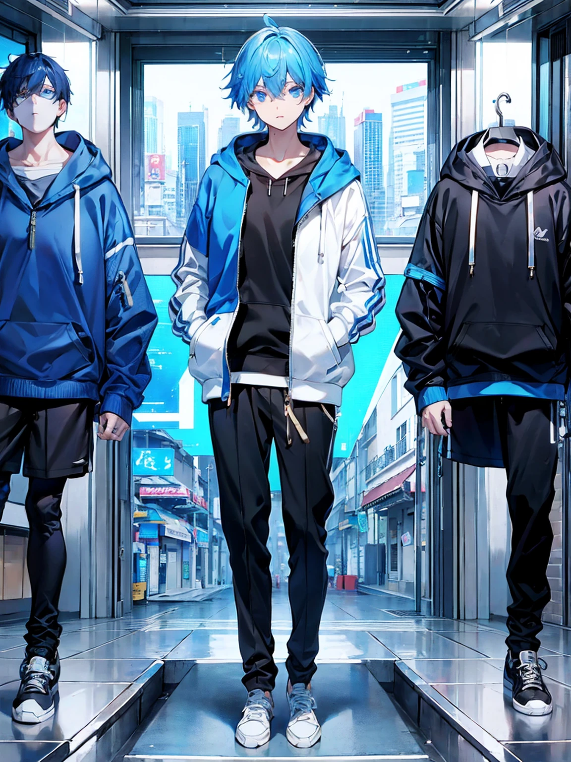 male、solo、Black trousers、Blue and white hoodie、White zip hoodie、male性、whole body、Front opening hoodie、Concept Art、Blue Hair、Background is white