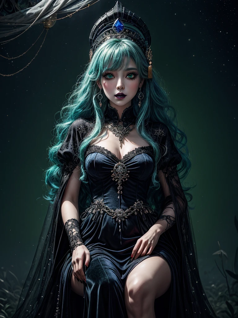 A mysterious and enchanting witch girl, gothic style, with ethereal makeup, emerald green eyes, midnight black lips, sapphire blue hair, dangling crystal earrings, cascading curls hairstyle, ornate Qing dynasty headdress, shimmering silver yarn, a starry night, and flowing velvet clothing, sitting on throne