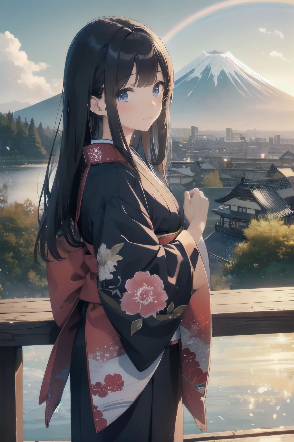 ((Masterpiece:1.4、top-quality:1.2))、Mt. Fuji and a 16-year-old girl in front,(niji6, a reference to the double rainbow),、solofocus,、a 16-year-old girl with a youthful glow,、delicate features,、Exquisitely detailed anime-style, high-definition face and eyes,、(Blur the background:1.3,)、(transform sequence,)、(Long, straight hair), flowing in the wind,、Mt. Fuji in the background, majestically towering,、the girl is wearing a traditional Japanese kimono, beautifully designed