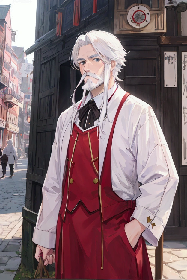 middle-aged white-haired man、Dressed as an adventurer、Short Beard、Center Parting、Town Square、A scene where a large number of residents are being informed of the danger、