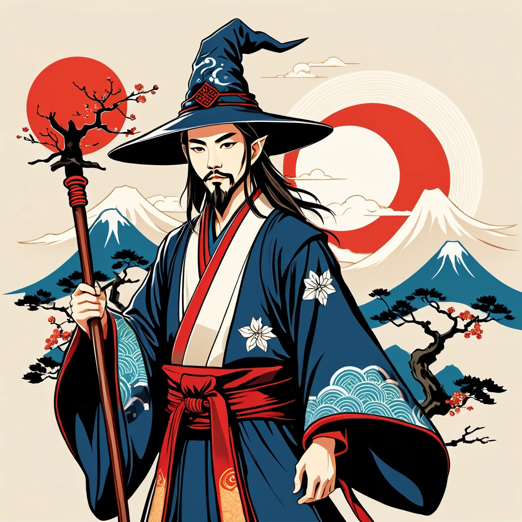 young wizard in japanese folk outfit, vector graphics, strong contours
