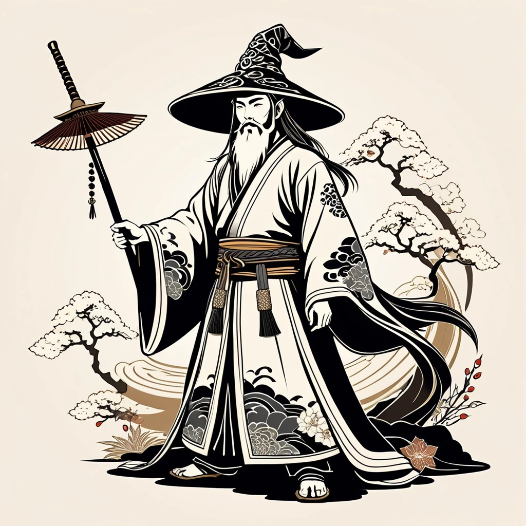 young wizard in japanese folk outfit, vector graphics, strong contours