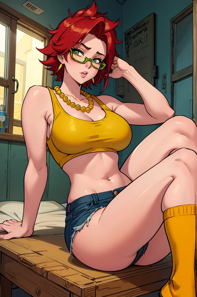 Janin, hot sexy female with short red hair and green glasses, yellow bead necklace, yellow tank top, yellow stockings, thick legs, big tits