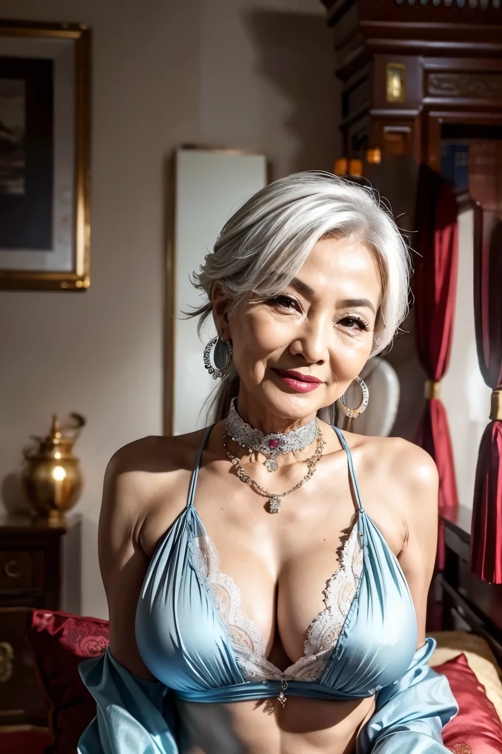 75 years old　Mom　MILF　Chinese Lady　large earring　Big choker　navel piercing decoration　A bracelet　Silver Hair　realisitic　Gorgeous Madame Beautiful Mature Woman　sexy　Smile　Gentle woman navel piercing　４K　High quality ドレス