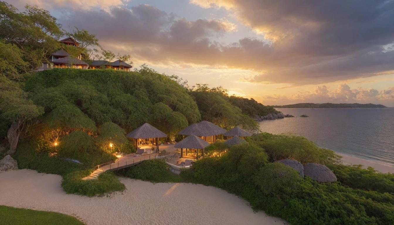 architecture, beach resort, vine, trees, cloud, sunset, vivid colours, sky, masterpiece,best quality,super detailed,realistic,photorealistic, 8k, sharp focus, a photo of a building day light, sun, cloud, RAW Photo, RAW texture, Super Realistic, 32K UHD, DSLR, soft lighting, high quality, film rating, Fujifilm XT3