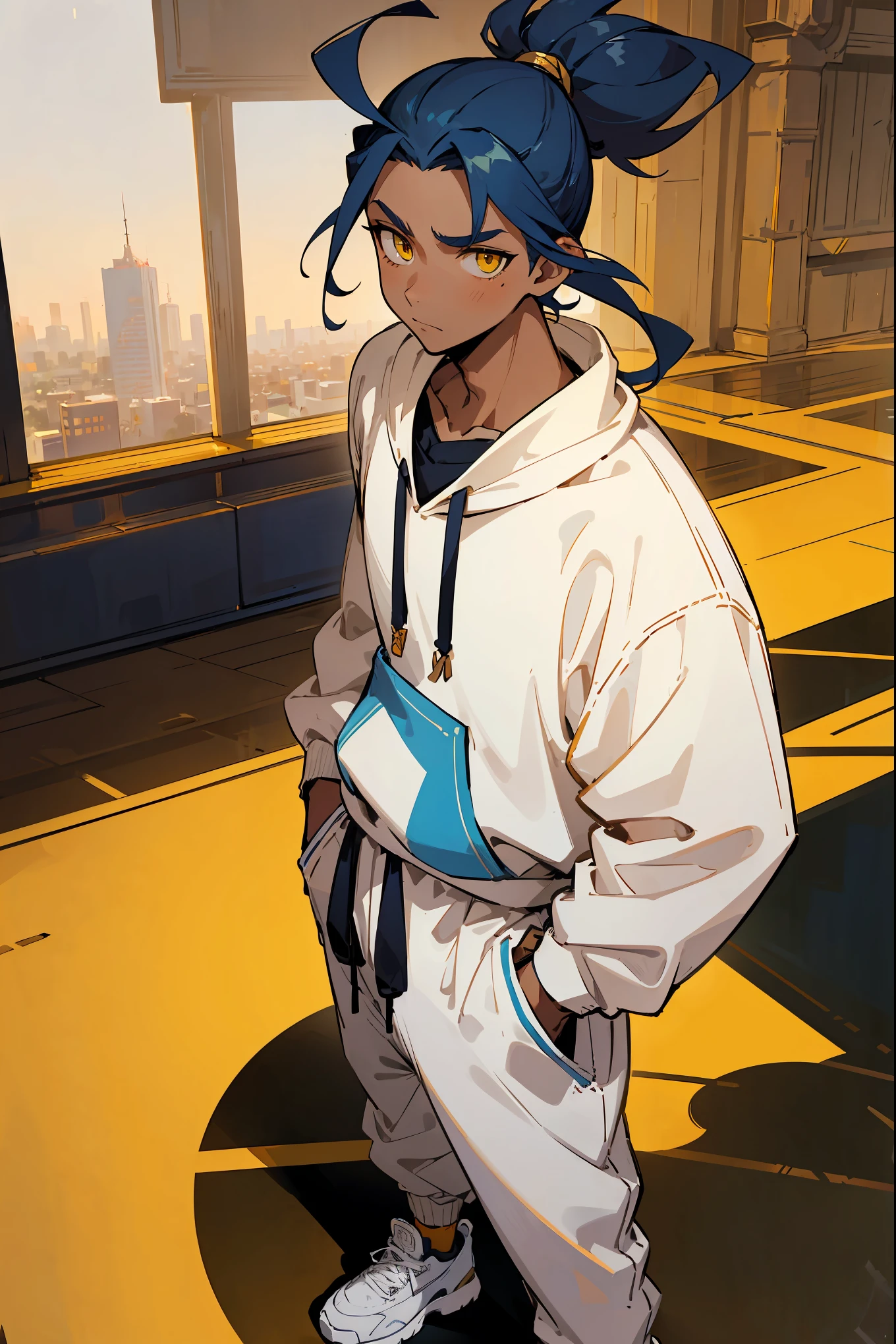 1male, teenager, navy blue hair, topknot, man bun, messy hair, golden yellow eyes, calm expression, white sweatshirt, white joggers, white jordans, dark skin, caramel skin, standing on path, hands to side, city background, detailed background, detailed face, facing viewer, standing still