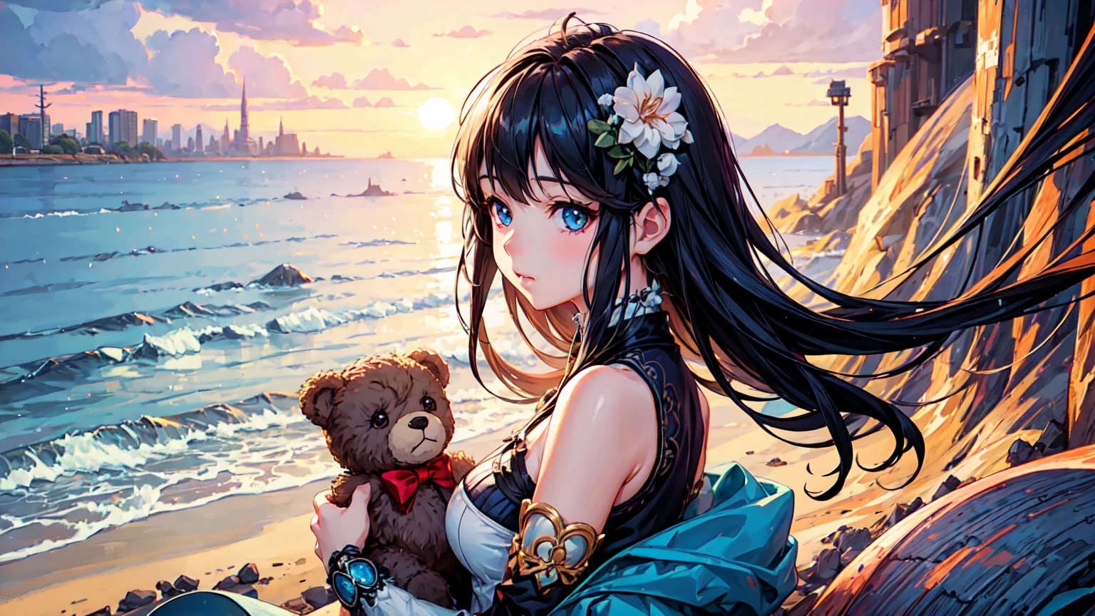 a woman holding a teddy bear on the beach, cute realistic portrait, cute anime girl, cute anime girl visual, smooth anime cg art, guweiz style artwork, portrait of a cute anime girl, cute portrait, beautiful anime portrait, beautiful anime girl, cute anime girl portrait, realistic anime 3d style