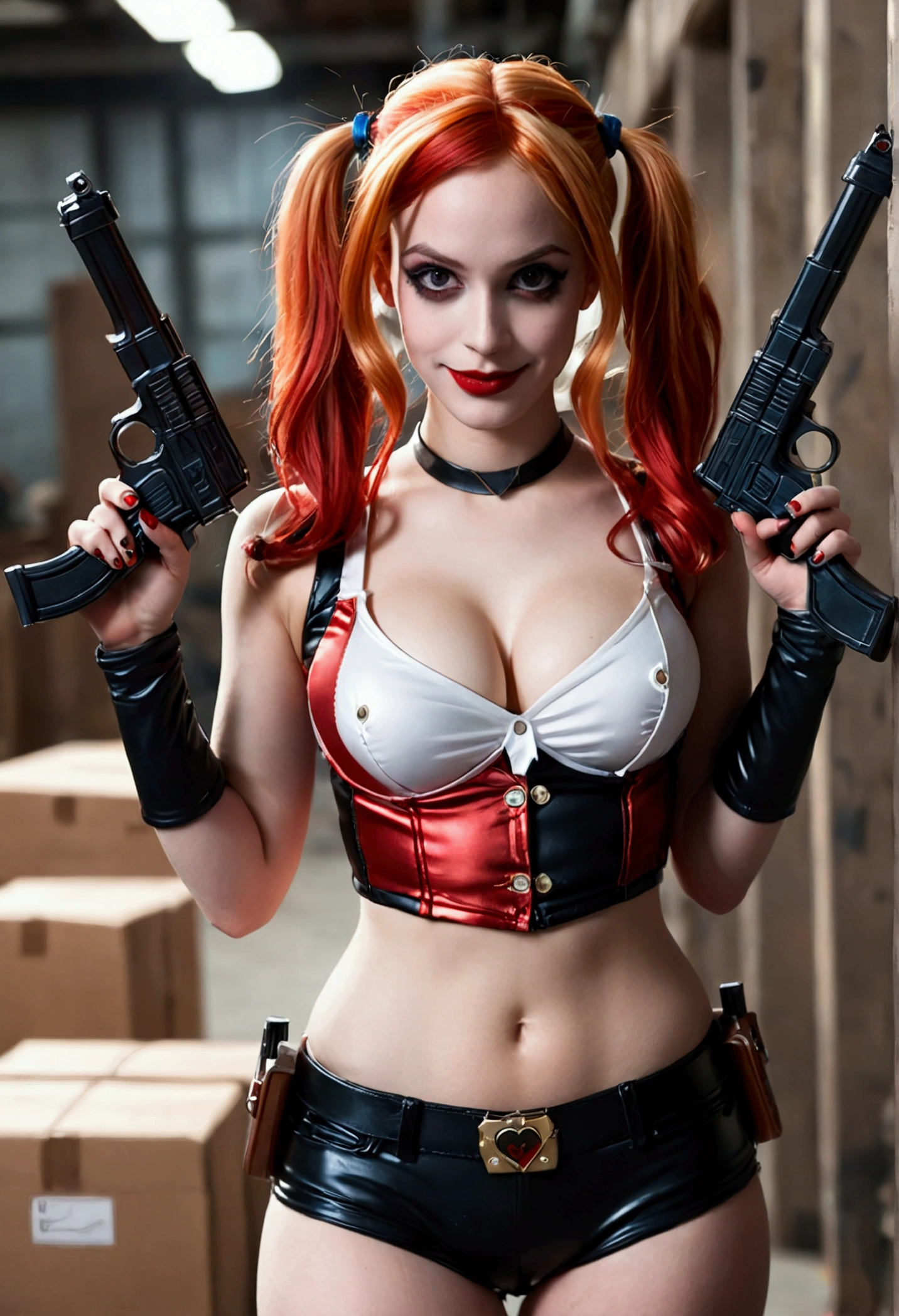 ultra realistic, photography, long red hair, girl, 24 years old, hourglass figure, perfect body, Flirty look, extremely detailed artgerm, in the style artgerm, small breasts, facing the camera, lens 35 mm, blur background, Harley Quinn costume, toy factory as background, toy gun in her hand, childrens gun