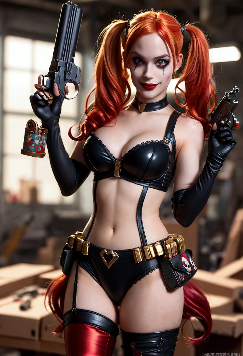 ultra realistic, photography, long red hair, girl, 24 years old, hourglass figure, perfect body, Flirty look, extremely detailed artgerm, in the style artgerm, small breasts, facing the camera, lens 35 mm, blur background, Harley Quinn costume, toy factory as background, toy gun in her hand, childrens gun