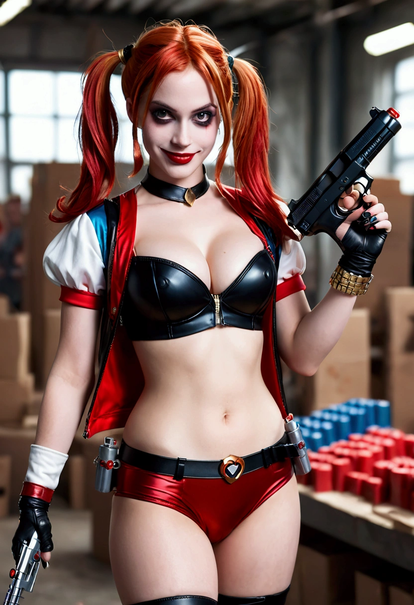 ultra realistic, photography, long red hair, girl, 24 years old, hourglass figure, perfect body, Flirty look, extremely detailed artgerm, in the style artgerm, small breasts, facing the camera, lens 35 mm, blur background, Harley Quinn costume, toy factory as background, toy gun in her hand, childrens gun