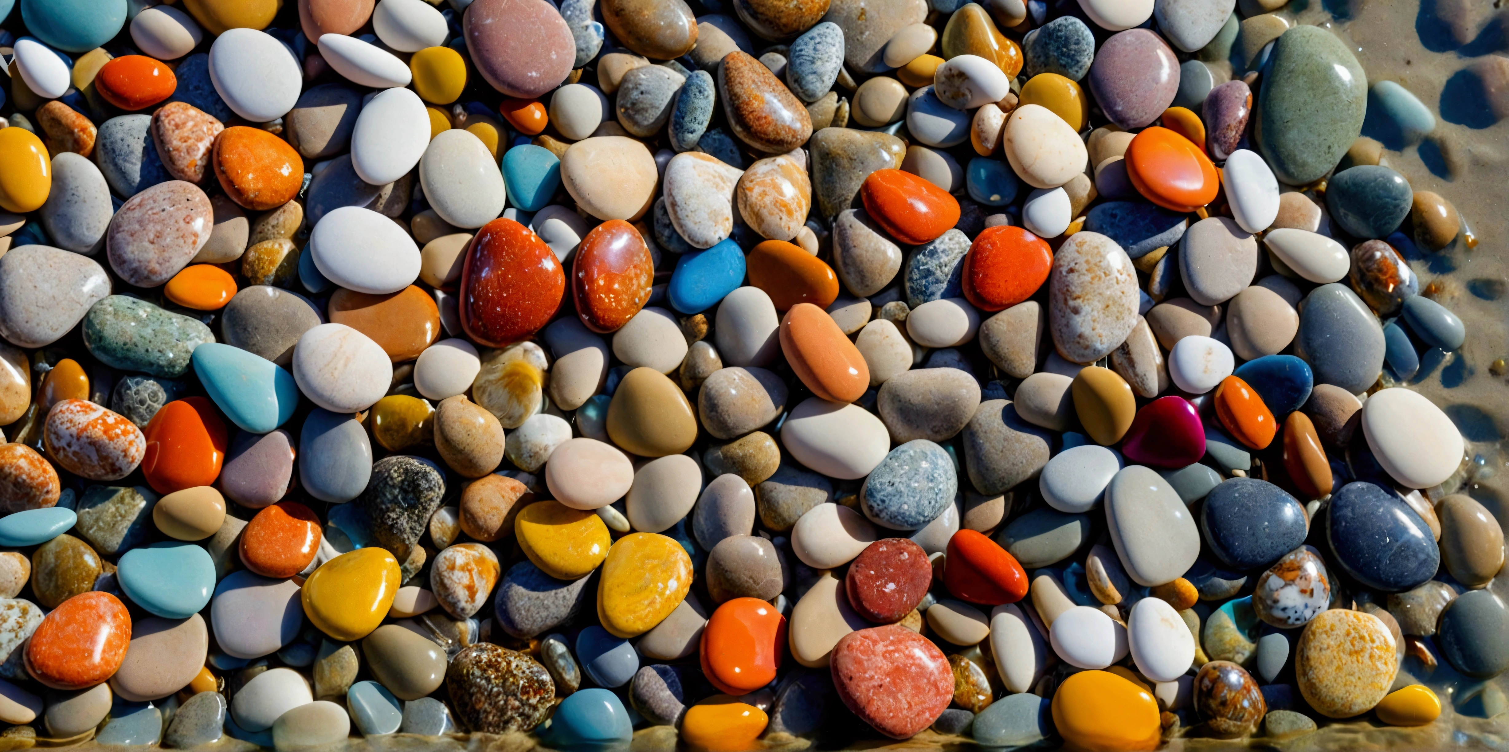 Image of shiny colorful beach pebbles on clear sea water that is beautiful and warm and natural for background or wallpaper