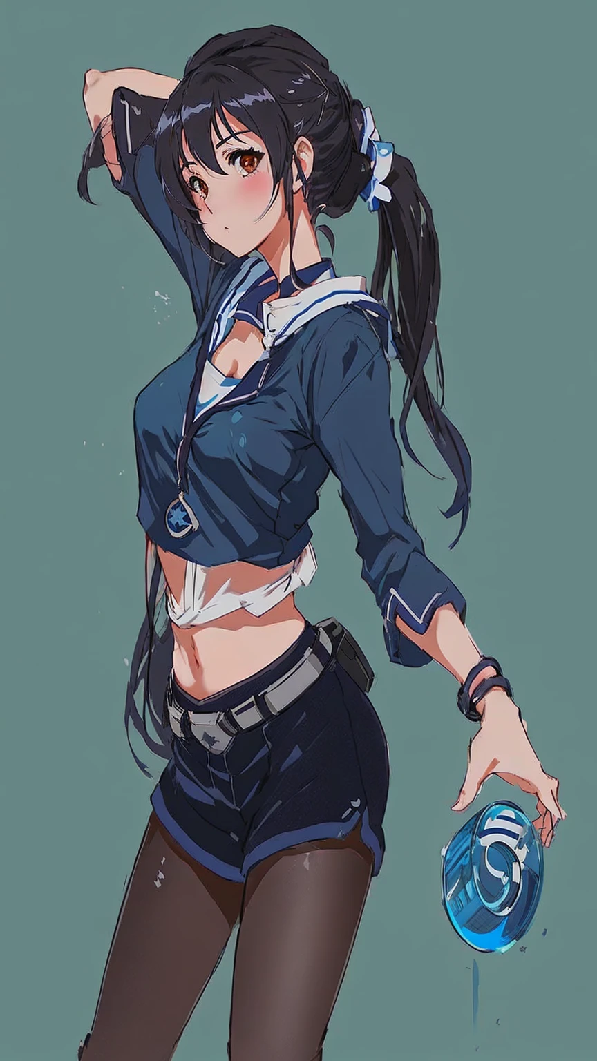 anime girl with ponytail hair and blue top holding a blue object, kantai collection style, anime style character, attractive anime girl, detailed anime character art, anime girl, female anime character, seductive anime girl, style anime, anime woman, beautiful alluring anime woman, anime style 4 k, anime style illustration, marin kitagawa fanart, anime style artwork