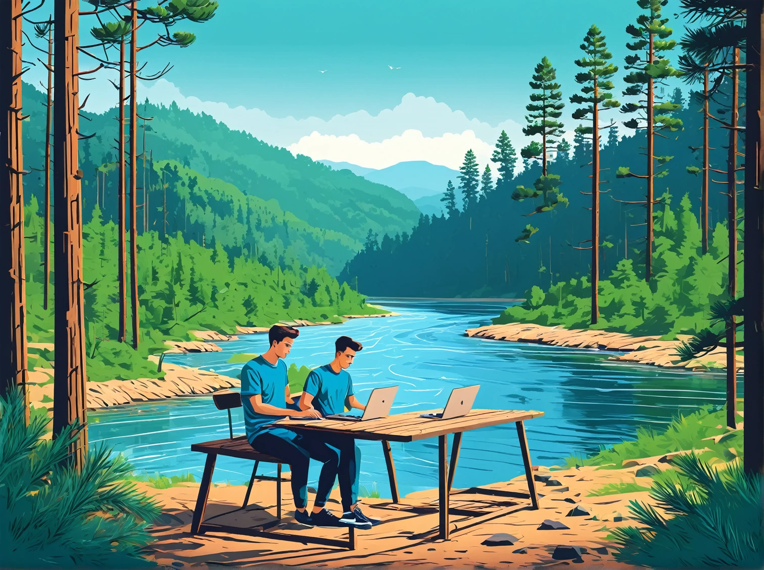 a young man working on a laptop in a nature landscape, pine forest, river, remote work, summer, vector illustration, minimalistic art, blue t-shirt