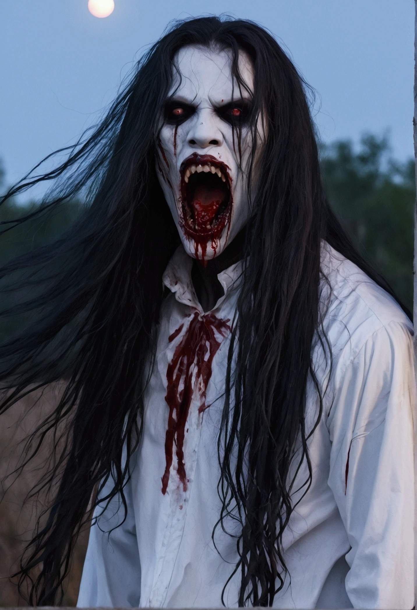 This picture depicts a figure with long, flowing hair, a bloody mouth, and sharp, long fangs. They wear tattered, white clothes with a large hole in the middle. The background is outdoors at dusk, with a full moon casting eerie light, creating a spooky, haunted atmosphere. The scene is realistic and