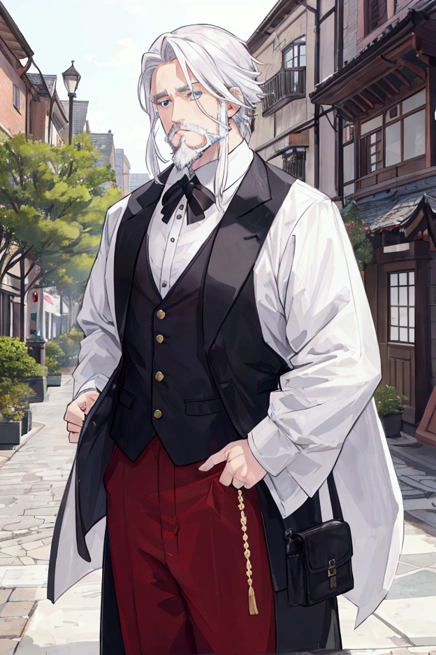 middle-aged white-haired man、Dressed as an adventurer、Short Beard、Center Parting、Town Square、A scene where a large number of residents are being informed of the danger、