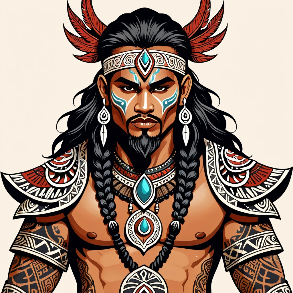 necromancer maori in fantasy folk outfit, vector graphics, strong contours