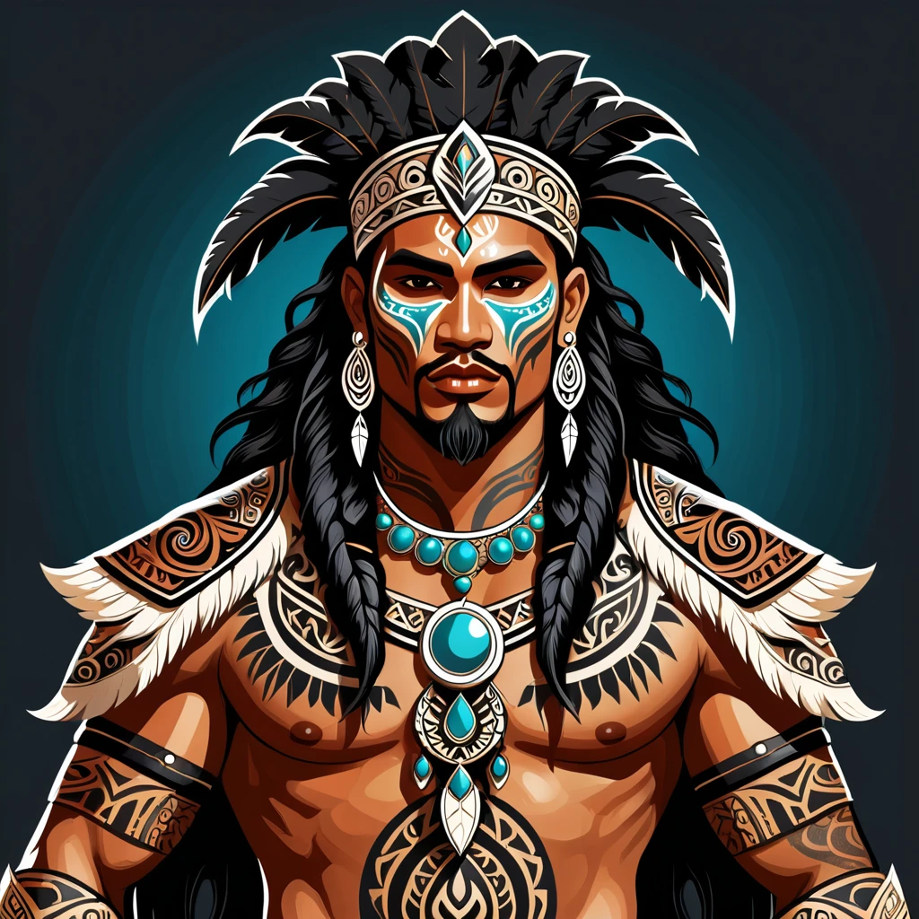necromancer maori in fantasy folk outfit, vector graphics, strong contours