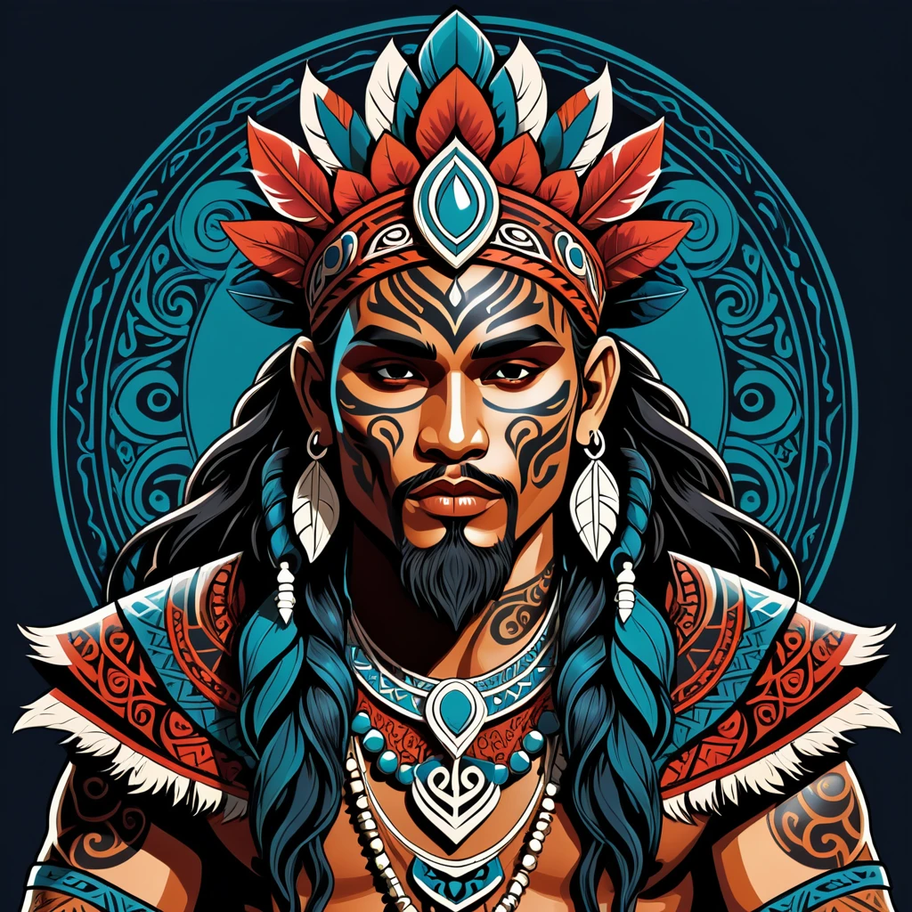 necromancer maori in fantasy folk outfit, vector graphics, strong contours