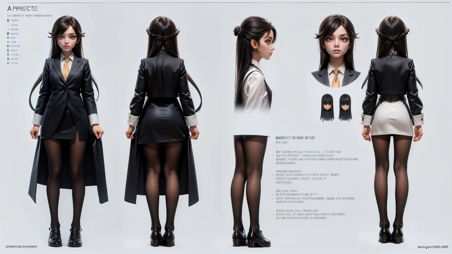 cute girl in a office suite, executive suite, long hair, full straight standing pose, 14yo student, Character Sheet, Full body, Simple white background, character reference sheet, Concept art, design sheet, HD, 4k