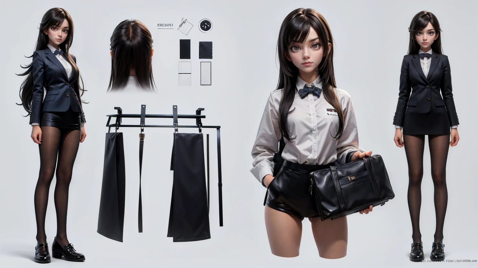 cute girl in a office suite, executive suite, long hair, full straight standing pose, 14yo student, Character Sheet, Full body, Simple white background, character reference sheet, Concept art, design sheet, HD, 4k
